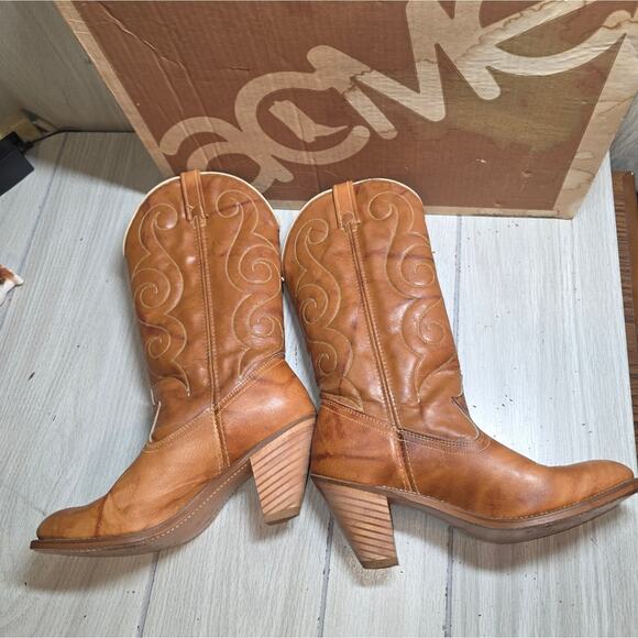 Vtg Acme Rust Driftwood Womens Brown Leather Heeled Cowboy Boots 7.5 USA Made - Picture 3 of 11